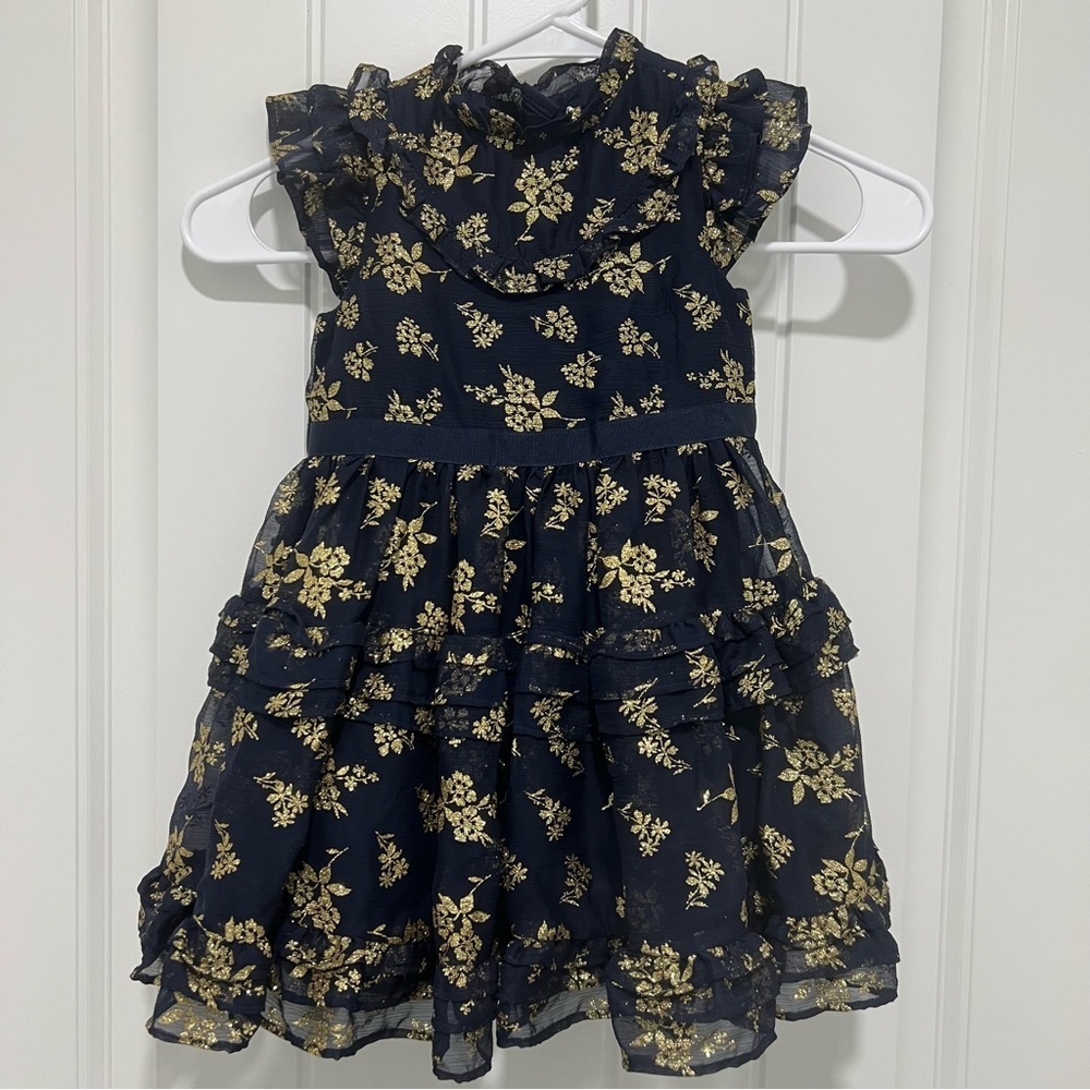 Janie and Jack Toddler Girl Sparkle Holiday Dress Dark Marine Floral Size 3 - Picture 2 of 6